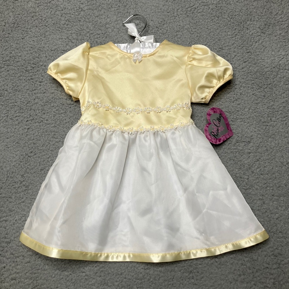 VTG NWT Rose Cottage Dress Girls 24M Yellow White Floral Puff Sleeve Satin 90s